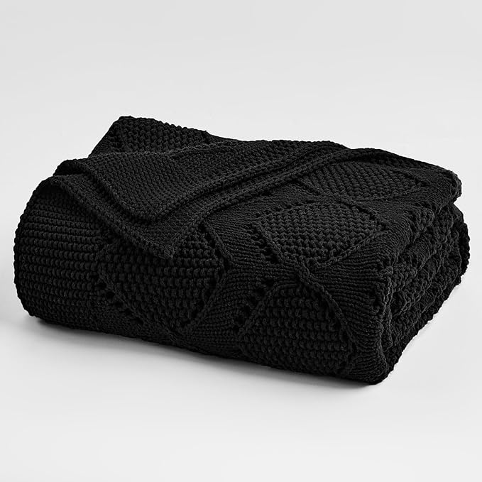 Longhui bedding Chunky Cotton Knit Throw Blanket for Couch, Sofa, Bed, or Chair, Decorative Breathable Fall Cable Knit Blanket 51 x 63 Inches, Medium Weight Black