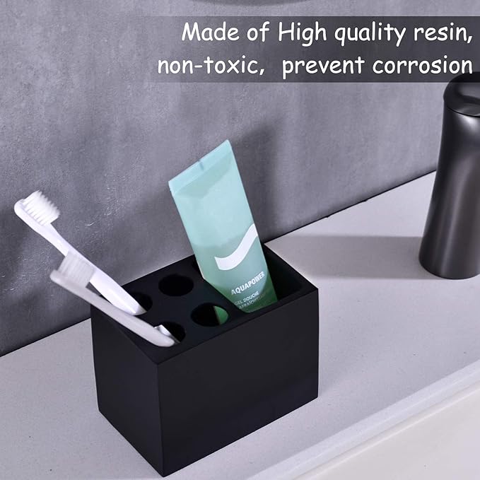 Resin Black Toothbrush Holder JINCROP, 5 Slots Toothbrush Holder Matte Black Bathroom Storage Stand Dispenser Organizer Set for Toothbrushes, Make-up Brushes and More, (Matte Black)
