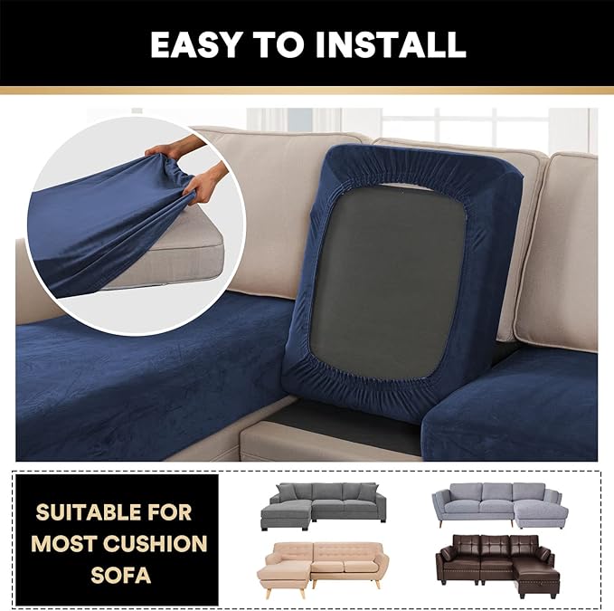 PrinceDeco Sectional Couch Covers 3 Pieces Velvet Sofa Covers L Shape Soft Couch Covers for Sectional Sofa Corner Sofa Cover Couch Cover for Dogs Washable (2 Seater + 1 Chaise,Navy)