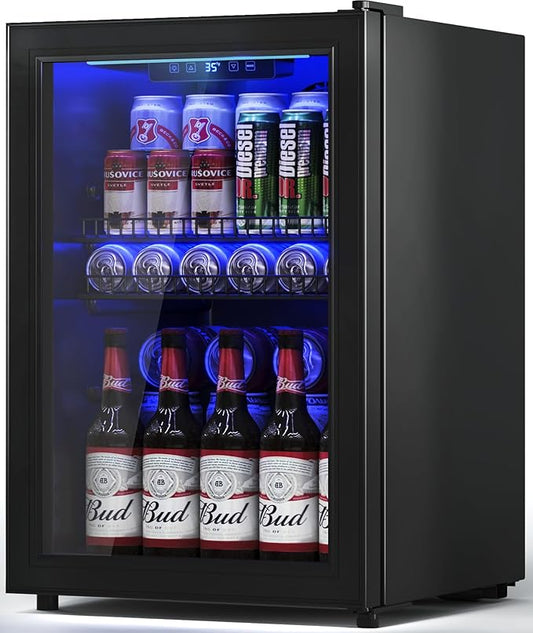 2.5 Cu.Ft Wine Fridge, Mini Fridge With Glass Door, Wine Cooler Refrigerator, Beverage Drink Beer Cooler, Adjustable Shelves & Digital Temperature Display, 22 Bottle 95 Can