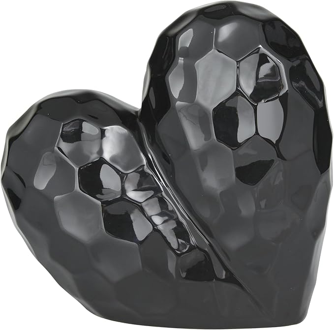 Deco 79 Porcelain Ceramic Heart Decorative Sculpture Dimensional Angled Origami Inspired Home Decor Statue, Accent Figurine 8" x 3" x 8", Black