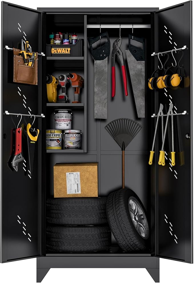 Metal Garage Storage Cabinet, 75” Cleaning Tool Cabinet with Hooks and Hanging Rods, Heavy Duty Garden Tool Organizer, Broom Cabinets for Home, Garage, Laundry Room, Gym, Workshop