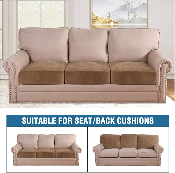 H.VERSAILTEX Velvet Stretch Couch Cushion Cover Plush Cushion Slipcover for Chair Loveseat Sofa Cushion Furniture Protector Seat Cushion Sofa Cover (3 Piece XL Sofa Cushion Covers, Camel)