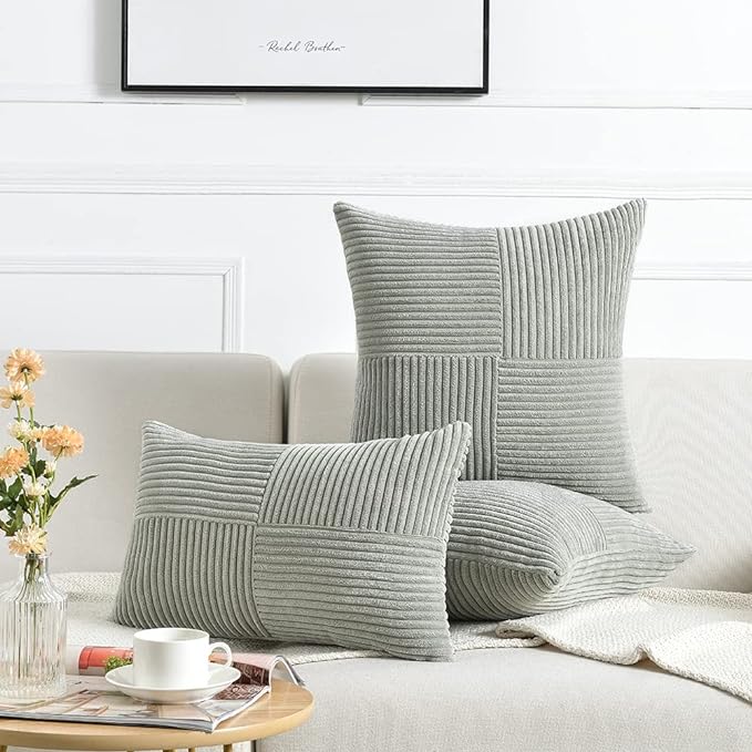 Fancy Homi 2 Packs Grey Decorative Throw Pillow Covers 20x20 Inch for Living Room Couch Bed Sofa, Rustic Farmhouse Boho Home Decor, Soft Corss Corduroy Patchwork Accent Square Cushion Case 50x50 cm