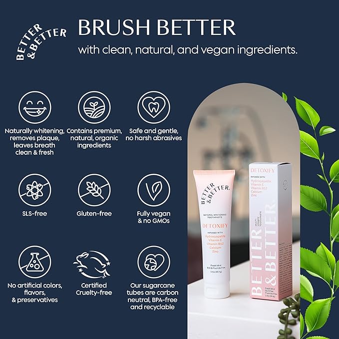 Better & Better Detoxify Hydroxyapatite Toothpaste | Whitening Toothpaste Infused w/Vitamins E & B12, Calcium & Zinc | Fluoride & SLS Free for Sensitive Brushers | Fresh Mint Flavor | 3.4oz, 1 Pack