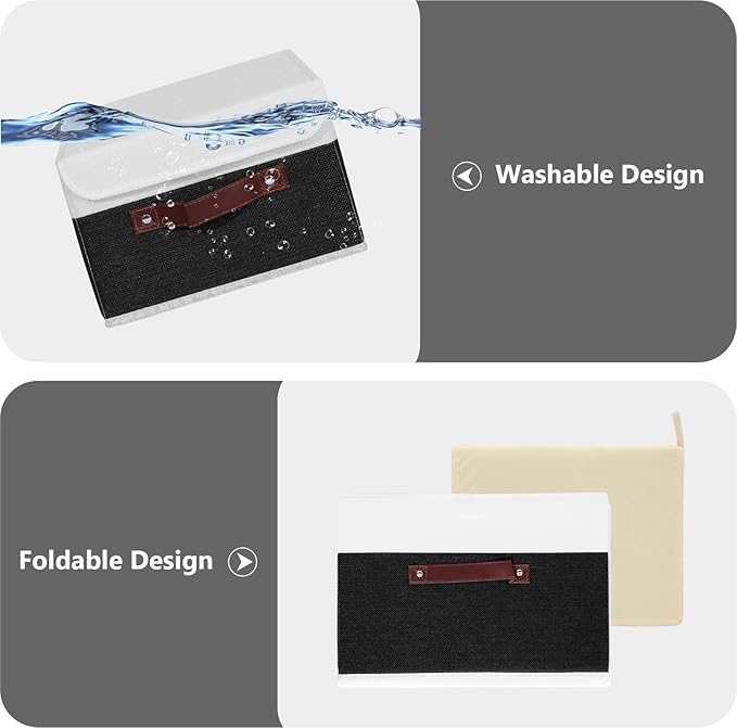 ANMINY 2PCS Storage Boxes with Lid Washable Decorative Storage Bins Basket with PU Leather Handle Foldable Linen Fabric Storage Cubes Containers for Home Closet Organizer - Black White, Large Size