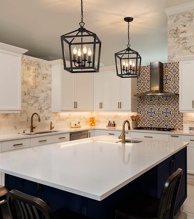 AMZASA Farmhouse Rustic Black Lantern Chandelier Hanging Light Fixture 4-Lights for Kitchen Island Dining Room Hallway Entryway Foyer UL Listed