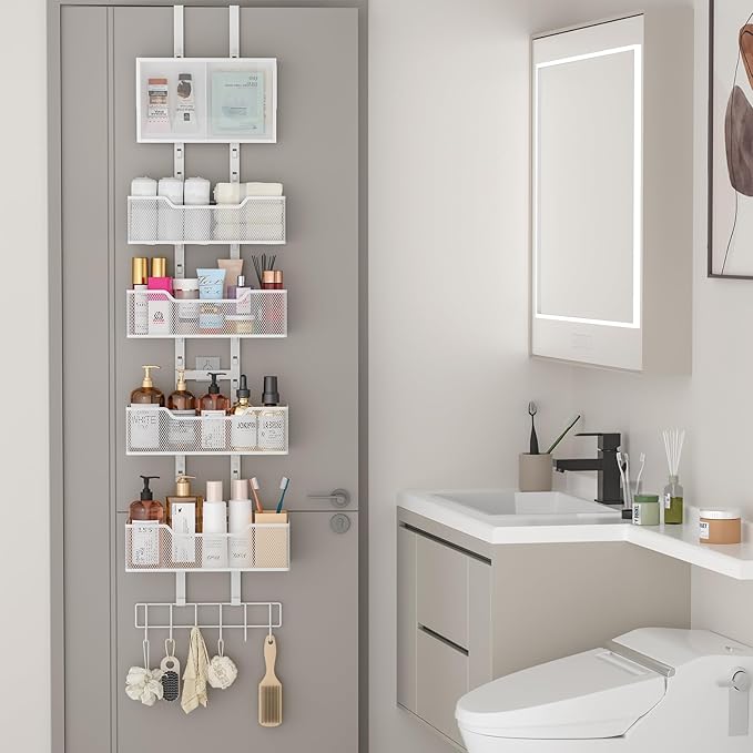 Adjustable Over The Door Organizer, Hanging Door Storage with PVC Pocket and 4 Metal Baskets Wall Mount, Closet Door Organizer Behind Door Rack for Bathroom Bedroom Closet, White