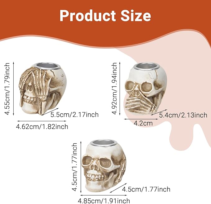 Halloween Skull Candle Holder, Skeleton Head Candlestick Holders Table Decor Centerpiece Candlesticks, Resin Horrible Spooky Creepy Crafts for Flameless Candle Halloween Christmas Home Party, Set of 3