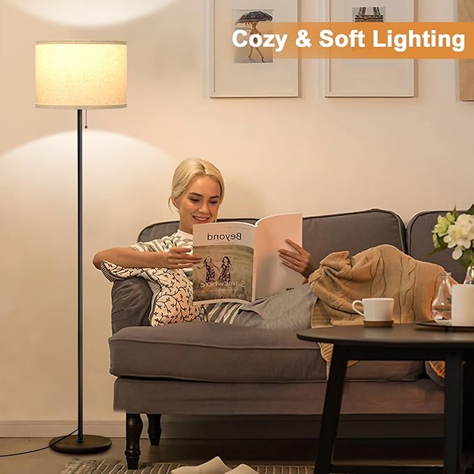 Ambimall Modern Standing Floor Lamp for Living Room & Bedroom with 3 Color Temperatures Bulb & Pull Chain Switch, 60" Tall with Beige Shade & Black Pole