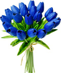 Mandy's Artificial Tulips 20 Stems Royal Blue PU Faux Flowers for Wedding Home Decor 13.5 Inch