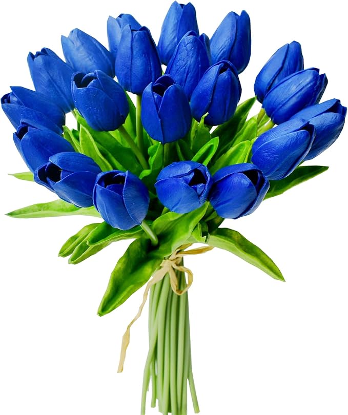 Mandy's Artificial Tulips 20 Stems Royal Blue PU Faux Flowers for Wedding Home Decor 13.5 Inch
