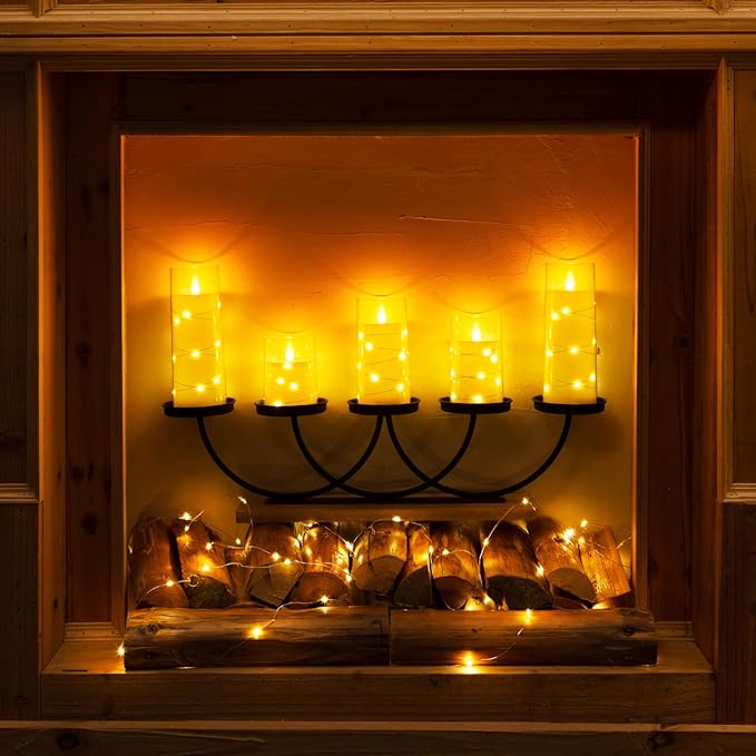 Homemory Flameless Candles with Embedded Star String Fairy Lights, Battery Operated Candles, LED Candle, Fake Candles with Remote Control and Timer, Ivory, Set of 5(H4 5" 6" 8" 8")