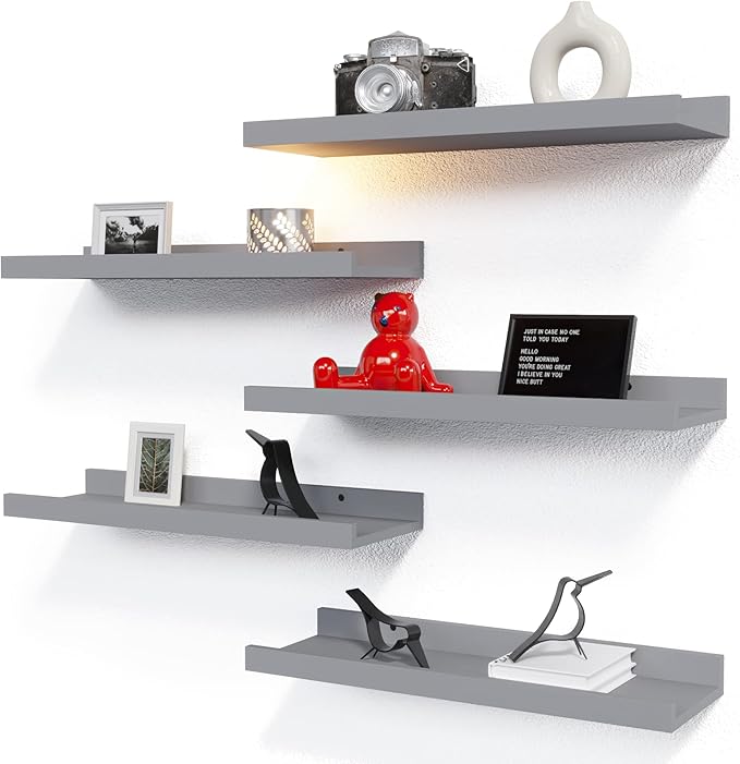 RICHER HOUSE Mounted Shelves for Wall Decor, Modern Picture Ledge Shelf with Lip for Wall Storage Nursery, Bedroom, Living Room, Bathroom - Grey