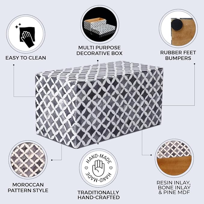 Handicrafts Home White Handmade Keepsake Organizer with Lid Decorative Storage Box- Star Pattern Collection Memories Holder for Jewelry, Photos & Cards- Home Decor Accents- Bone & Resin Inlay- 10x5x5