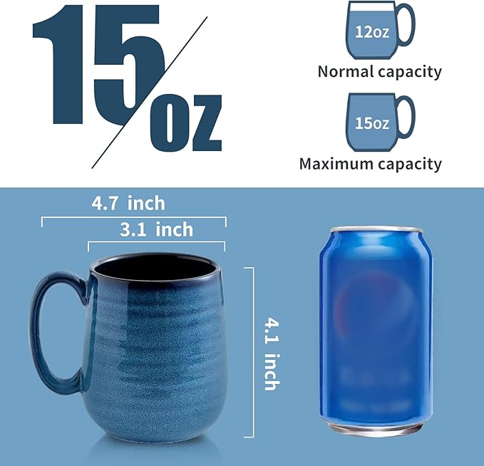 Hasense Coffee Mug Set of 4, 12 Ounce Ceramic Coffee Cups with Handle, Large Mug Set for Coffee, Tea, Chocolate, Modern Mug Gift for Men and women, Dishwasher & Microwave Safe(Blue)
