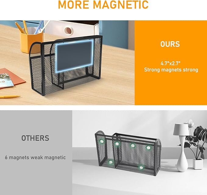 Magnetic Pencil Holder-Magnetic Basket for Fridge 3-Grid Mesh Magnetic Pen Holder for Refrigerator, Extra Strong Magnets Mesh Marker Holder Locker Accessories Organizer for Whiteboard
