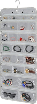 Freegrace Hanging Jewelry Organizer Revolving Hanger - Secure Zipper Closure - 50 Pockets - Foldable Storage & Display Solution - For All Jewelry & Bijoux (Gray)