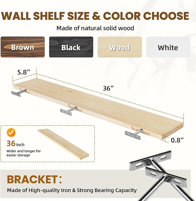 Floating Wall Shelves 2-Pack - 36-Inch Rustic Wooden Shelves for Storage and Décor, Easy Installation for Living Room, Bedroom, and Kitchen