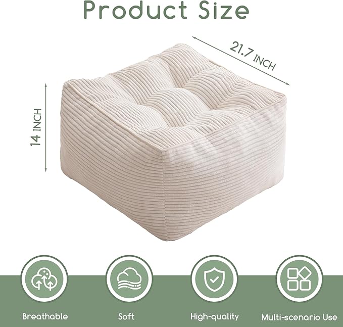 HIGOGOGO Square Stuffed Pouf Ottoman, Corduroy Poufs with Foam Chunk Filling, Furry and Fluffy Pouf Foot Stool Storage Ottoman, 21 X 21 Floor Poufs Foot Rest for Living Room, Beige