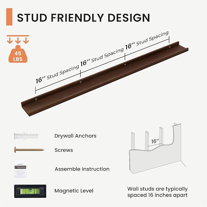 Solid Ash Wood Picture Ledge Shelf, Floating Shelves Set of 2, 56 Inch Long Large Ledge Shelves, Nursery Book Shelves Wall Mounted for Living Room Bedroom Kitchen Decor Kids Bookshelf, Walnut