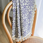 Sutuo Home Boho Curtain 84 Inches Length Semi-Blackout Bohemian Damask Moroccan Florals Print Darkening Curtains Tassels, Rod Pocket Window Treatment Drapes for Bedroom, 1 Panel 59" W x 84" L, Blue