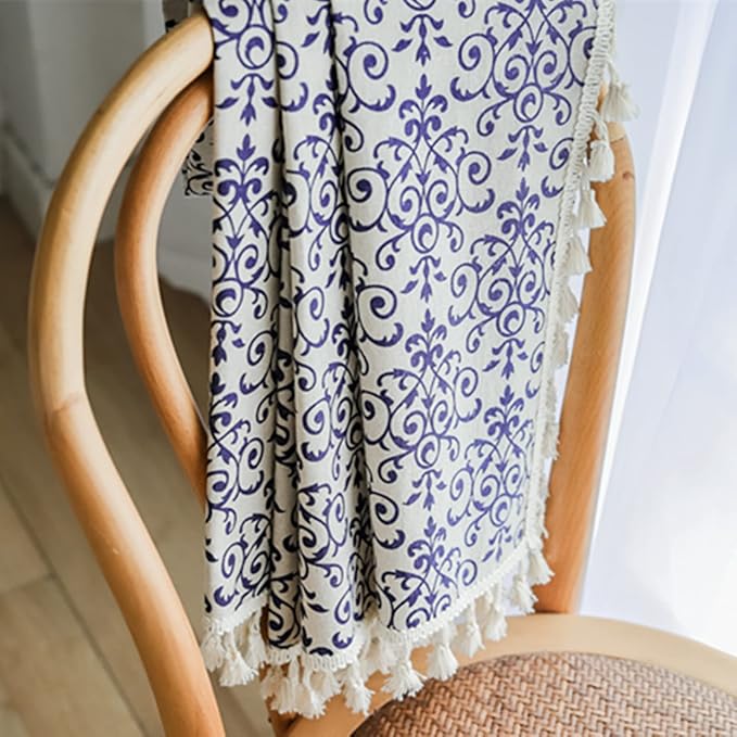 Sutuo Home Boho Curtain 84 Inches Length Semi-Blackout Bohemian Damask Moroccan Florals Print Darkening Curtains Tassels, Rod Pocket Window Treatment Drapes for Bedroom, 1 Panel 59" W x 84" L, Blue