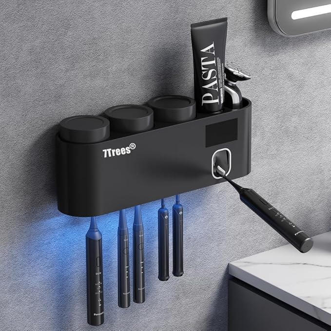 Toothbrush Sanitizer, Self Adhesive Toothbrush Holder with 3 Cups, Automatic Toothpaste Squeezer Dispenser Bathroom Accessories Set (Black)