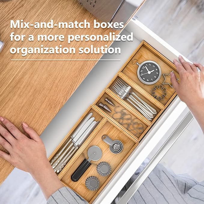 Bamboo Kitchen Drawer Organizer,Stackable Silverware Tray Utensil Organizer Cutlery Holder for Kitchen,Wooden Storage Box for Bathroom, Multi-Use Storage Bins Dividers for Office(9x3x2.5 inch)