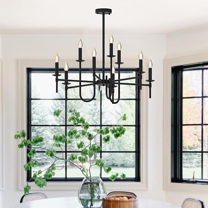 Farmhouse Black Chandelier, Modern Candle Hanging Lamp, Round LED Ceiling Pendant Lights for Kitchen Island Living Room Bedroom Dining Room (Black-B 9Lights)