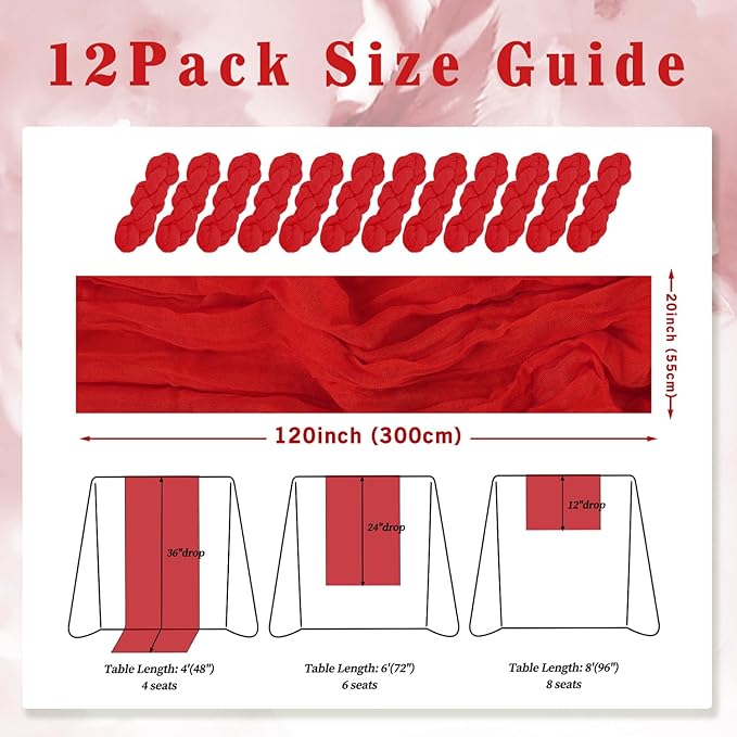 12 Pack Red 10FT Cheesecloth Table Runner Rustic Gauze Fabric Cheese Cloth Table Runner for Wedding Bridal Baby Shower Table Decor Boho Sheer Birthday Party Table Decorations 20 x 120 Inch Long