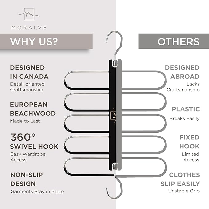 MORALVE Pants Hangers Space Saving - European Beechwood Scarf and Jean Hangers - Closet Organizer and Space Saver Pant Rack, Leggings Hanger, and Scarf Holder with 360° Swivel Hook (1 Pack)