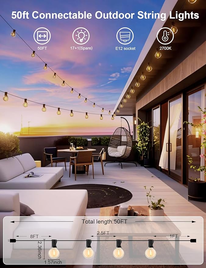 RTTY Outdoor String Lights 50 FT Globe LED Patio Lights with G40 Plastic Bulbs,Waterproof Shatterproof Dimmable Connectable Hanging for Backyard Porch Balcony Party Cafe Deck Decor