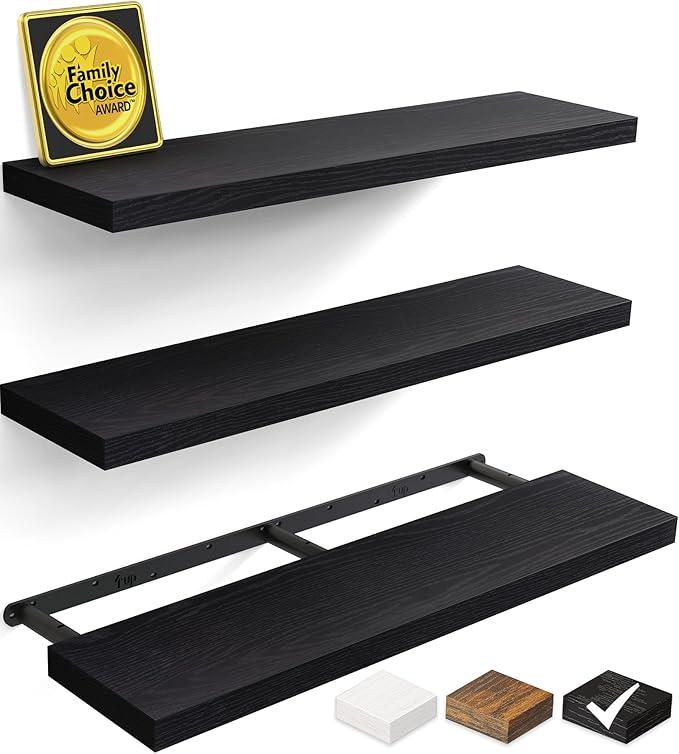 BAYKA Floating Shelves for Wall, 36 inches Long Wall Mounted Rustic Wood Shelves for Bathroom, Bedroom, Living Room, for Books/Storage/Decor with 30lbs Capacity（Black,Set of 3