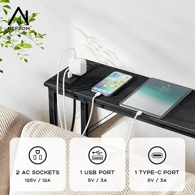 47.2'' Console Table, Skinny Entryway Table with Fast-Charging Station, Narrow Long Sofa Table, Behind Slim Couch Table for Entrance, Hallway, Living Room Decor ST-BK120-1