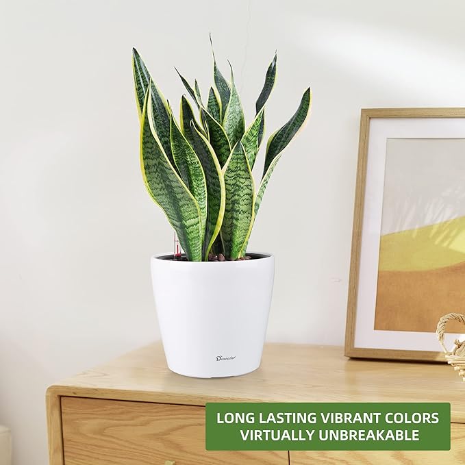 Dexceder 9x8 Inches High Gloss Self Watering Planter Indoor Outdoor, Inner Pot Design, Thickened Table Flower Plant Pot with Water Level Indicator (White)