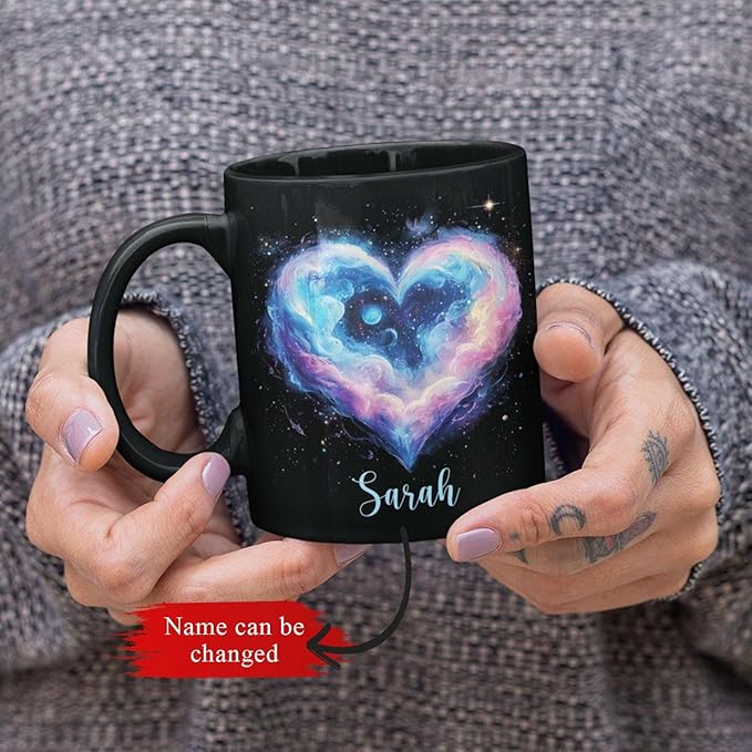 Personalized Love Heart Ceramic Mug, Custom Name Black Cup 11oz Or 15oz, Customized Celestial Themed Coffee Mug, Valentine's Day Themed Keepsake Cup, Gift For Him Her, Heart Mug