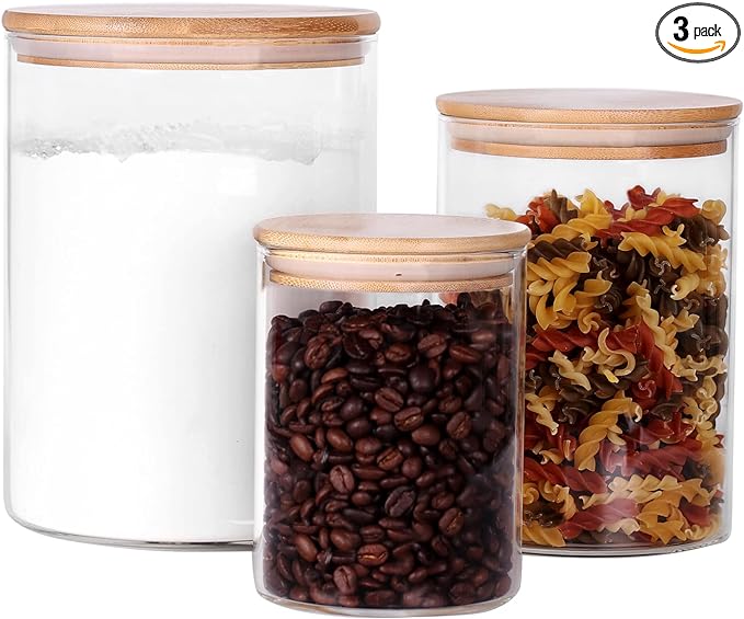Glass Flour and Sugar Containers, Set of 3 Large Glass Flour Canister with Airtight Lids, Pantry Storage Containers for Suger, Rice, Salt (100 OZ/54 OZ/27 OZ)