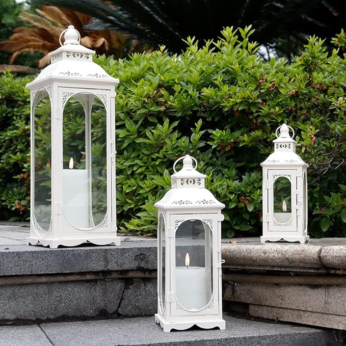 TRIROCKS Set of 3 Vintage Candle Lanterns 10/14/19.5'' High Decorative Outdoor Lantern Metal Candle Holder with Tempered Glass for Home Living Room Garden Yard Parties Events Indoors Outdoors (White)