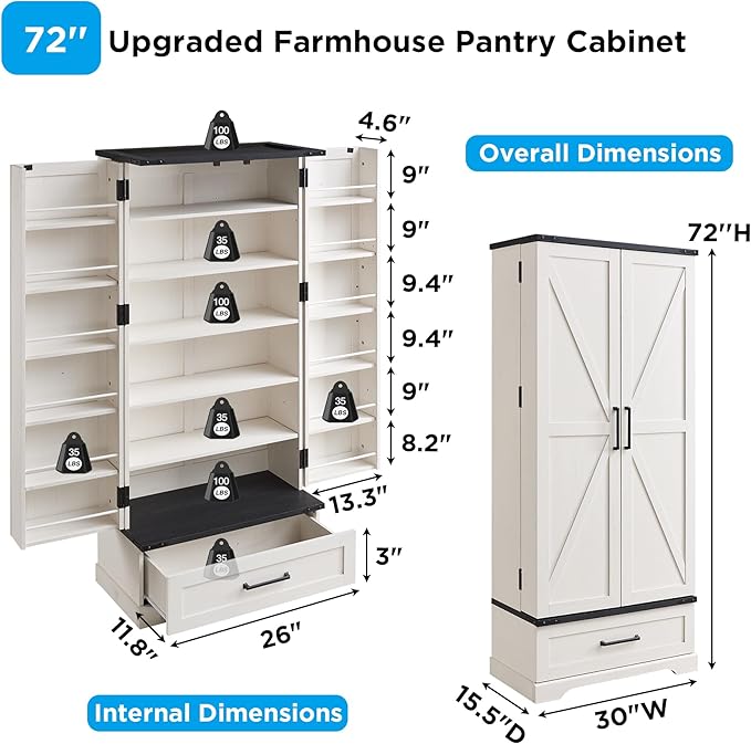72" Farmhouse Kitchen Pantry Cabinet with Drawer, Tall Storage Cabinet with 2 Barn Doors and Shelves, Versatile Large Rustic Cupboard for Dining Room, Bathroom, Living Room, Laudry, White