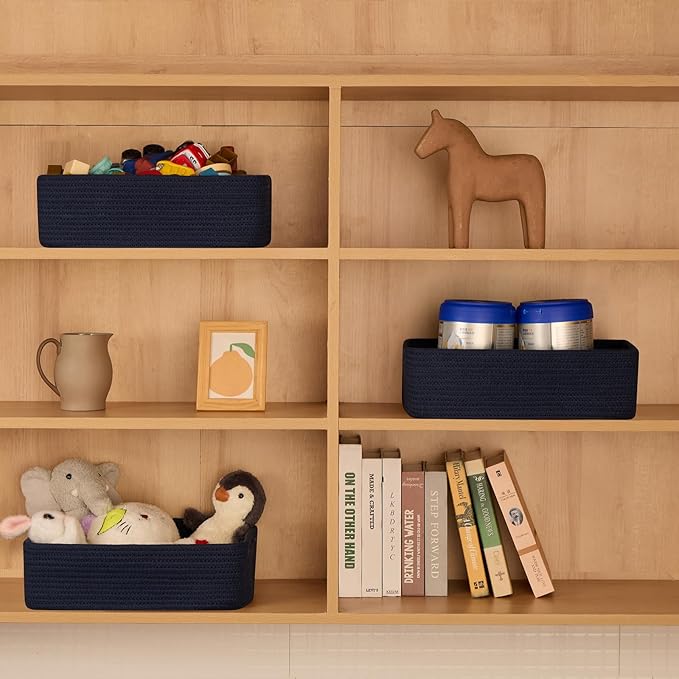 Large Shallow Organizing Baskets 15x11x5.1 Inches - Rope Woven Storage Bins for Bathroom, Shelves, Cube Closet, Navy Blue 2 Packs