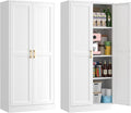 60" Tall Metal Pantry Cabinet, White Kitchen Pantry Storage Cabinet with 3 Adjustable Shelves and Gold Handles, Cupboard for Kitchen, Dining Room, Living Room, Bathroom
