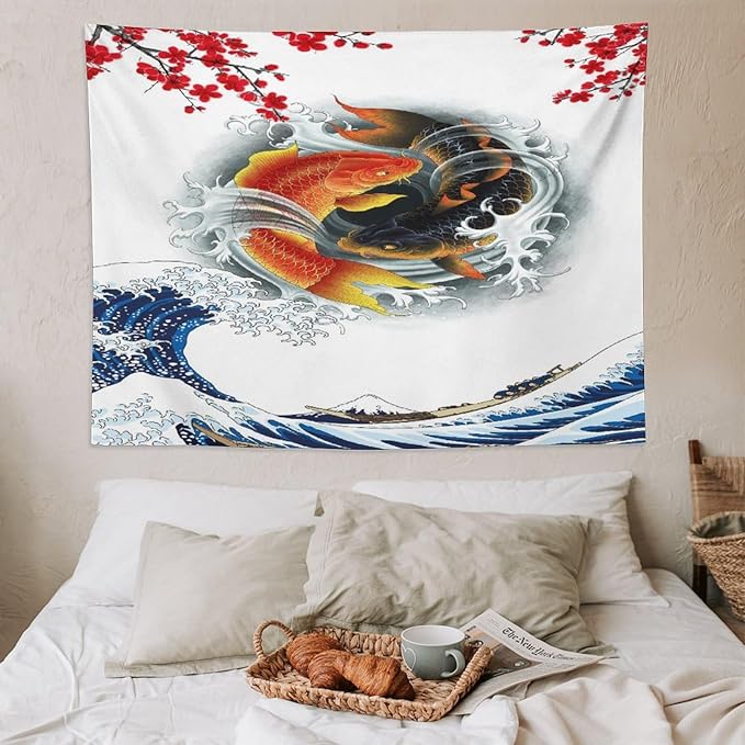 Houselerax Koi Fish Tapestry, Japanese Style Yin Yang Big Wave Cherry Blossoms Tapestries Wall Hanging for Bedroom Living Room Office Decor 80"x60"