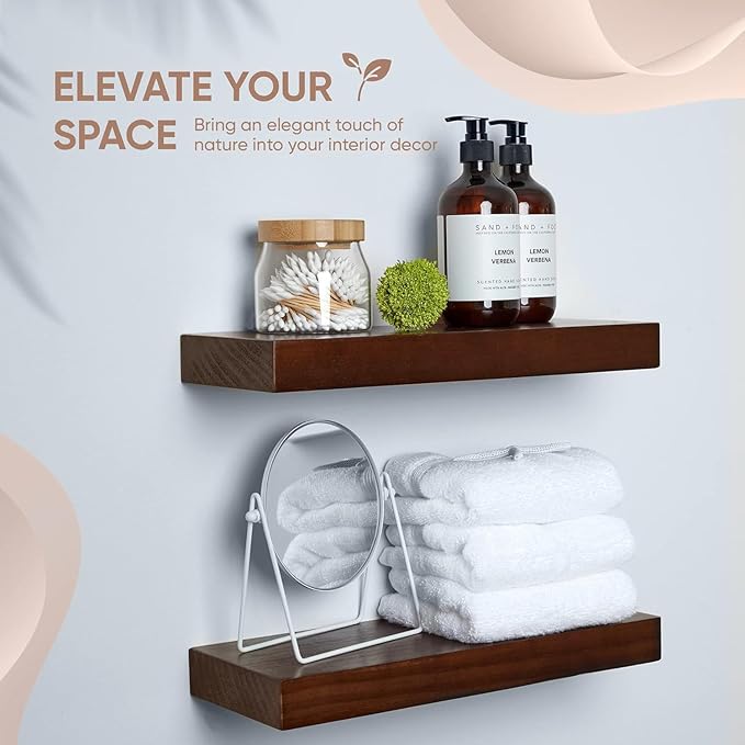 Homeforia Walnut 18 inch Floating Shelf, High End Solid Real Wood 18inch Floating Shelves for Wall Mounted, Dark Brown 18 inches Long Floating Shelves, Heavy Duty Bracket, 18 X 6.5 X 1.75 in, Set of 3