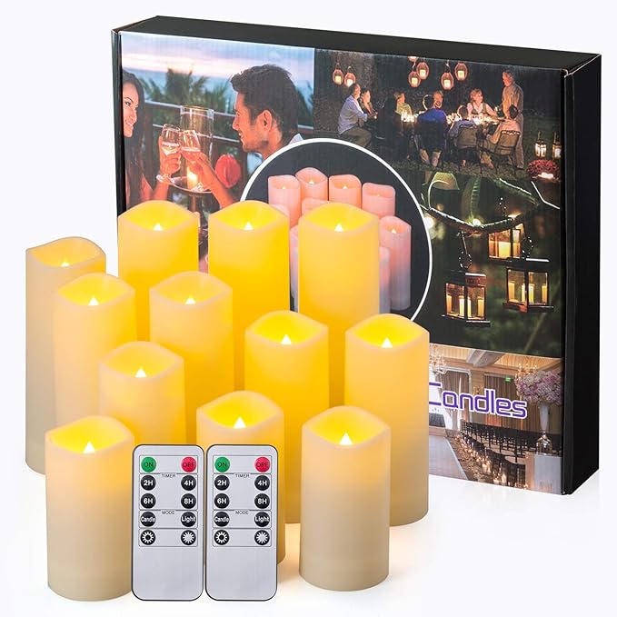Waterproof Flickering Flameless Candles, Set of 12 Battery Operated Candles (D2.2'' x H4''5''6''7"), Outdoor Indoor Candles with 10-Key Timer Remote, Long Lasting