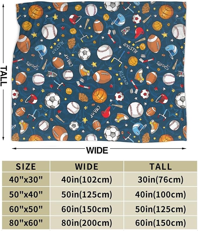 Baseball Football Basketball Sport Theme Throw Blanket 60x50 Inch Soft Fleece Blanket Men Women Gift for Kids Boys Girls for Party Couch Sofa Bed Deco Blankets