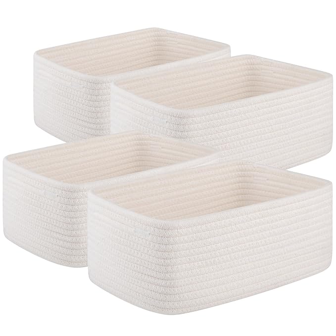 4 Pack Small Storage Shelf Baskets for Organizing, Mini Woven Rope Storage Bins for Towels, Cute Decorative Closet Organizer，Baby Nursery, Gift Empty Baskets -13''Lx8.66''Wx5.11''H-White