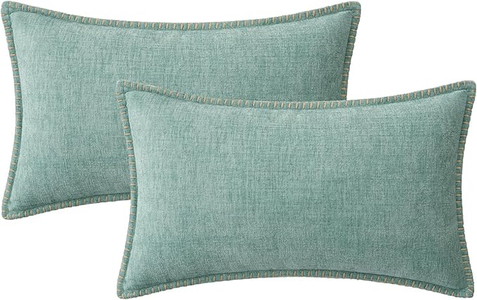 MIULEE Pack of 2 Couch Throw Pillow Covers 12x20 Inch Aqua Green Farmhouse Decorative Pillow Covers with Stitched Edge Soft Chenille Solid Dyed Spring Pillow Covers for Sofa Bed Living Room