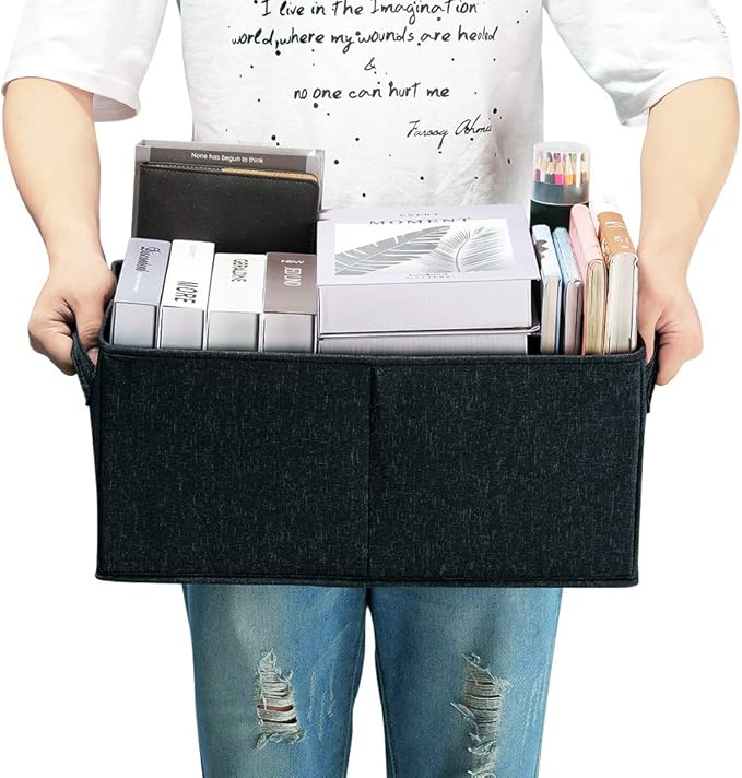 HOONEX Linen Foldable Storage Bins with Lids, 2 Pack, Storage Boxes with Carrying Handles and Sturdy Heavy Cardboard, 16.5" L x 11.8" W x 7.5" H for Shoes, Books, Clothes, Nursery, Dark Grey