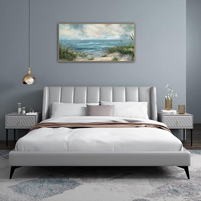 Sea Beach Vintage Seascape Canvas Prints Wall Decor Ocean Sailboat Seagull Beach Bird Reed Canvas Painting Artwork Living Room Bedroom Decoration Natural Framed